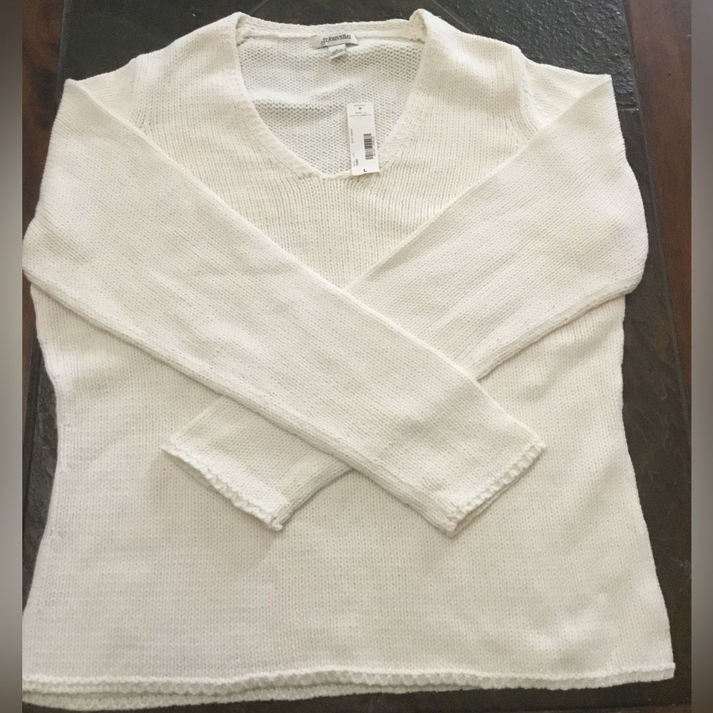 St. John’s Bay Women’s Ivory V-Neck Cotton Blend Sweater Size L NWT